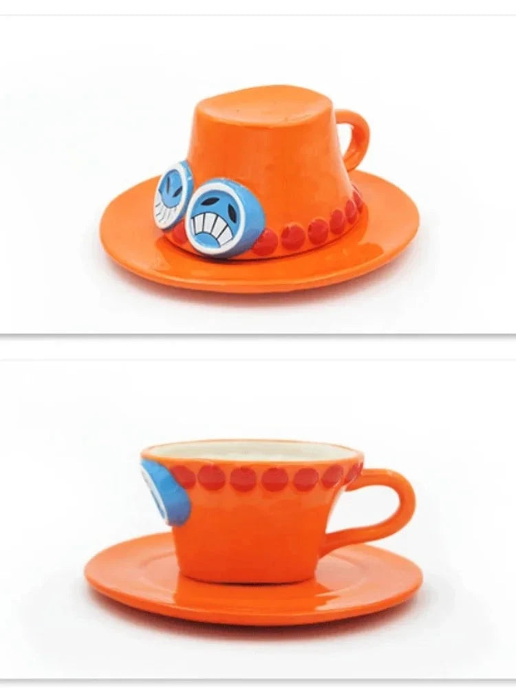 Anime Coffee Mug with Saucer Creative Luffy Ace Sabo Three Brothers Hat Shaped Ceramic Coffee Cup Child's Birthday Gift Cup Julia M LifeStyles