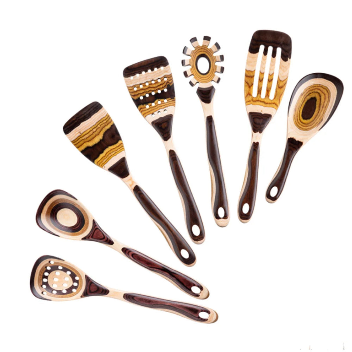 Set of ceramic kitchen utensils with brown and beige patterns on a white background