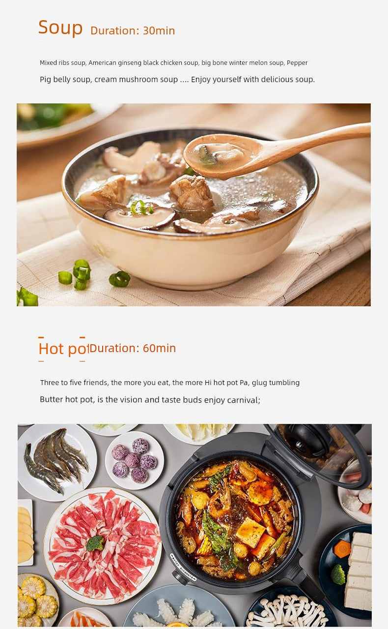 Bowl of soup with a spoon, accompanied by text about soup types and preparation times.