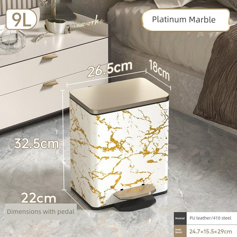 Marble-patterned trash bin with dimensions labeled in a bedroom setting