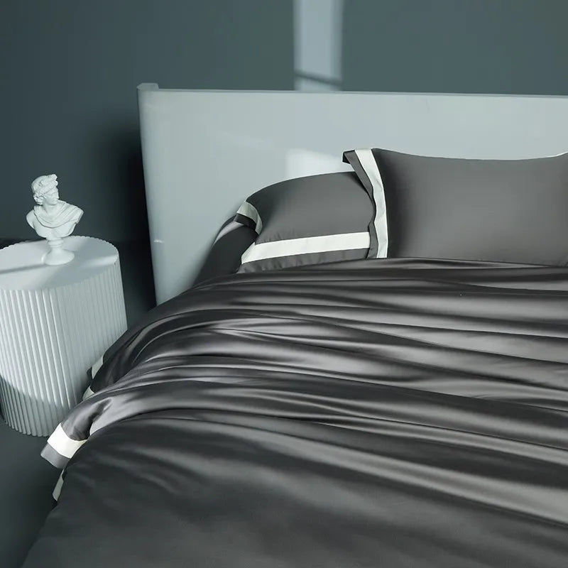 Premium 1400TC Egyptian Cotton Smooth Soft Bedding Set Chic White Grey Patchwork Duvet Cover Flat/Fitted Bed Sheet Pillowcases