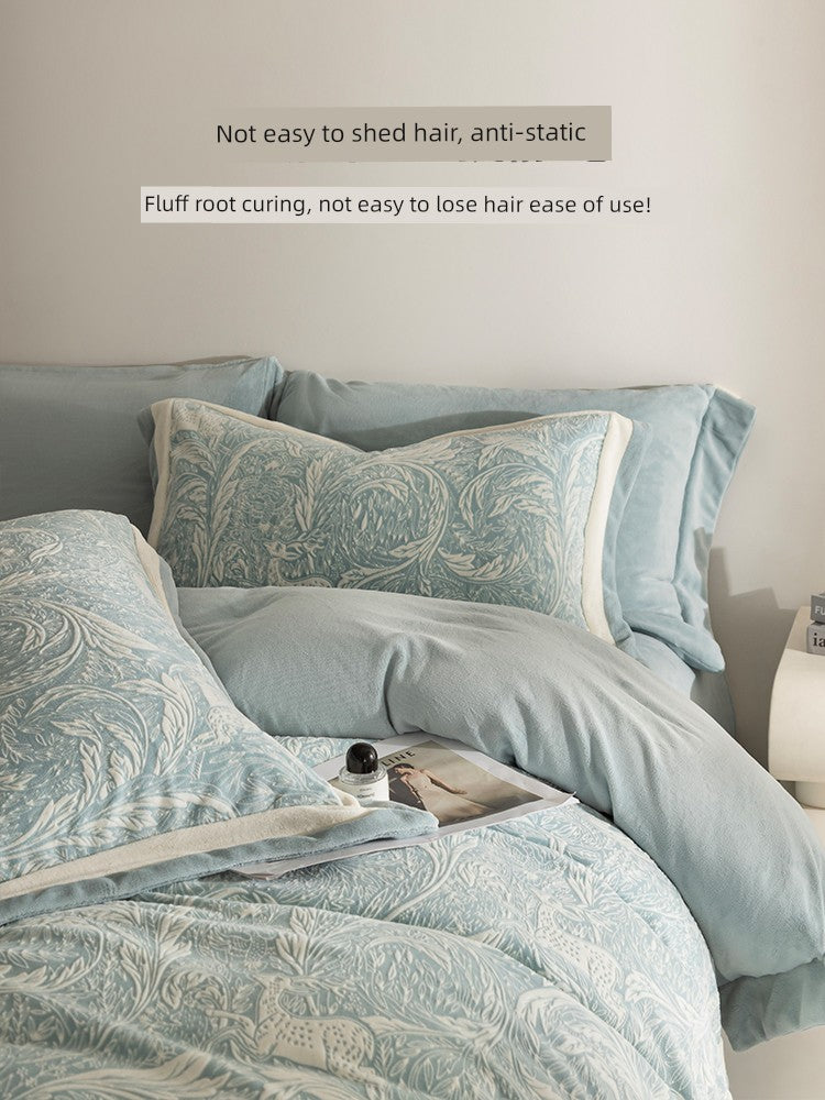 Light blue bedding set with decorative pillows on a bed, featuring text about hair care.