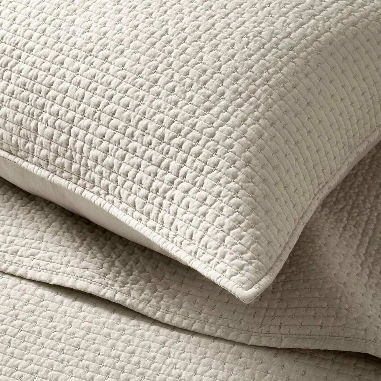 Cotton Sateen Pick-Stitch Quilt Set Queen Size – 100% Cotton Lightweight Coverlet, All-Season Quilt with 2 Shams, Parchment
