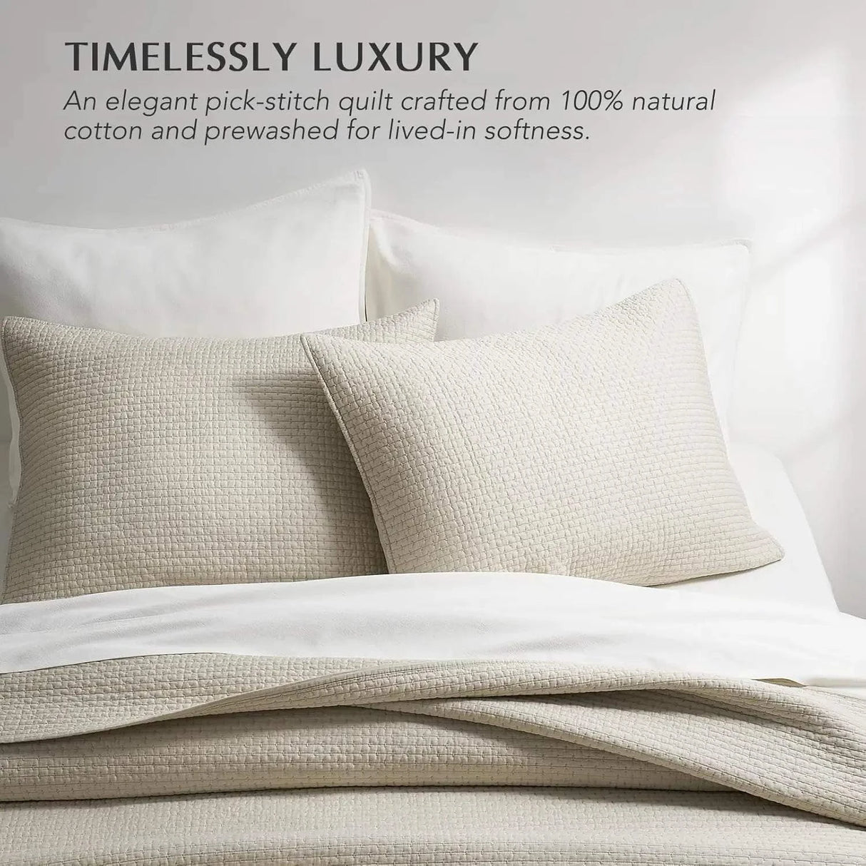 Cotton Sateen Pick-Stitch Quilt Set Queen Size – 100% Cotton Lightweight Coverlet, All-Season Quilt with 2 Shams, Parchment