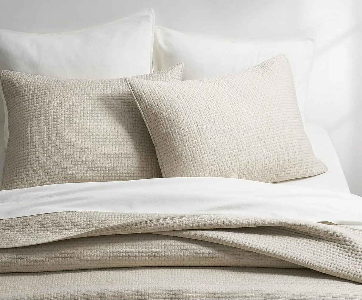 Cotton Sateen Pick-Stitch Quilt Set Queen Size – 100% Cotton Lightweight Coverlet, All-Season Quilt with 2 Shams, Parchment
