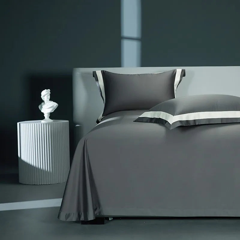 Premium 1400TC Egyptian Cotton Smooth Soft Bedding Set Chic White Grey Patchwork Duvet Cover Flat/Fitted Bed Sheet Pillowcases
