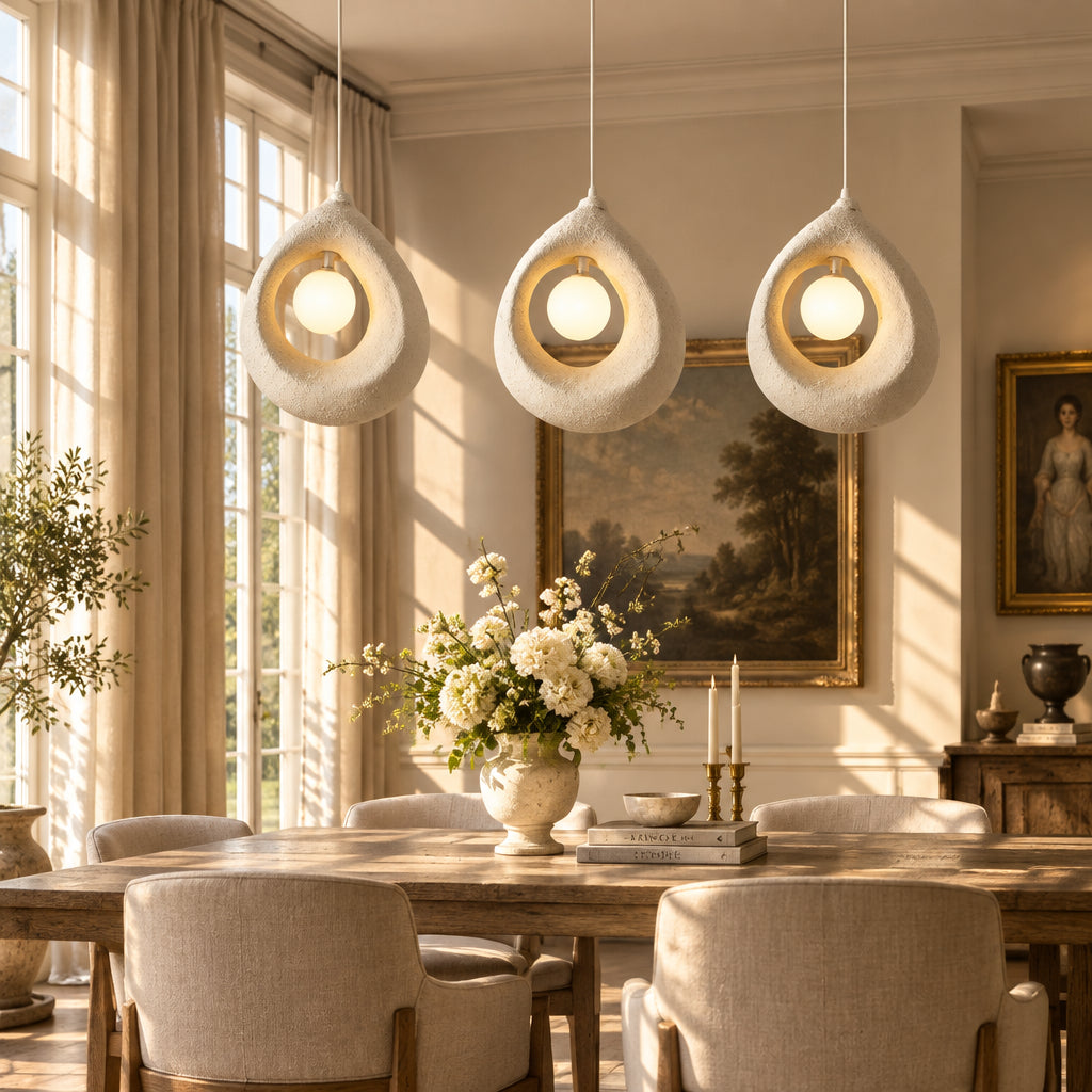Modern dining room with three hanging pendant lights, a table, chairs, and abstract wall art.