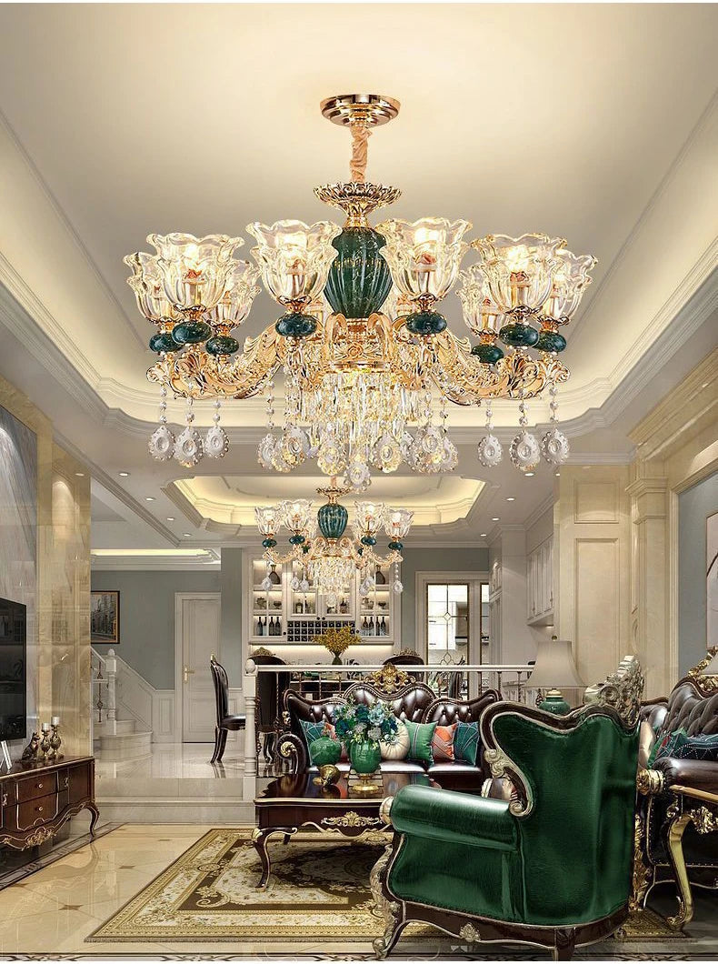 LED Crystal Ceramic Retro Ceiling Chandelier - European Style Luxury Lamp