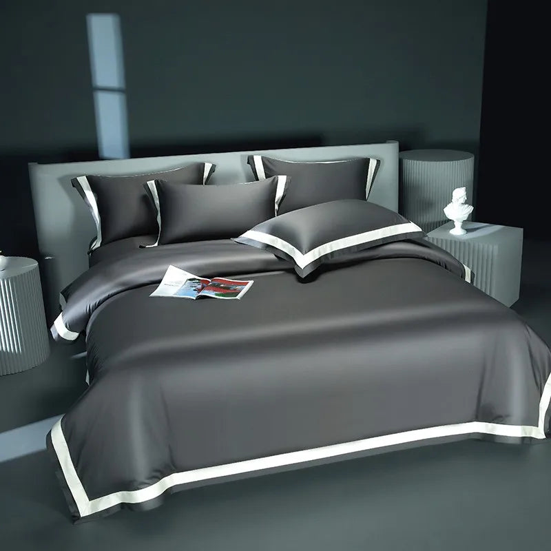Premium 1400TC Egyptian Cotton Smooth Soft Bedding Set Chic White Grey Patchwork Duvet Cover Flat/Fitted Bed Sheet Pillowcases