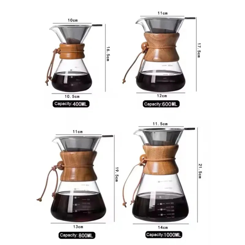 Set of four glass coffee makers with wooden bands, showing different capacities and dimensions.