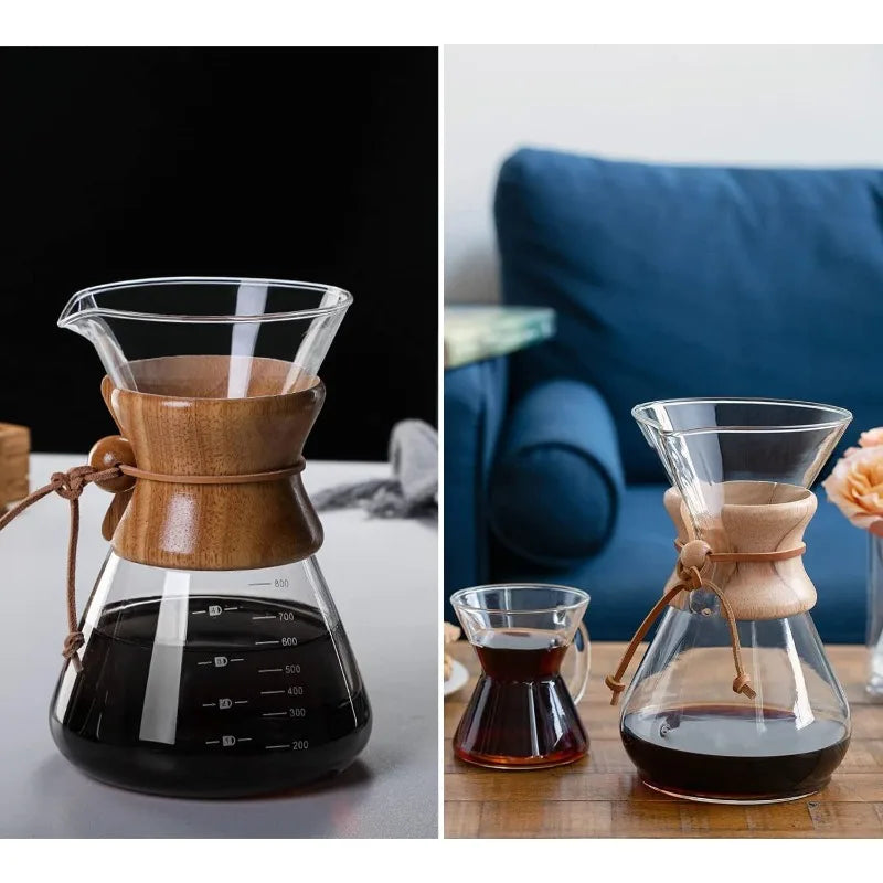 Two images of a glass coffee maker with wooden collar; one on a white surface, the other on a wooden table with a blue couch in the background.