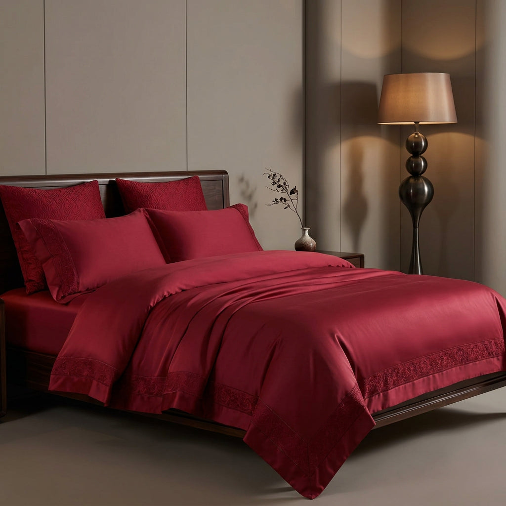 Red Cotton Jacquard Bedding Set with Duvet Cover, 4-Piece