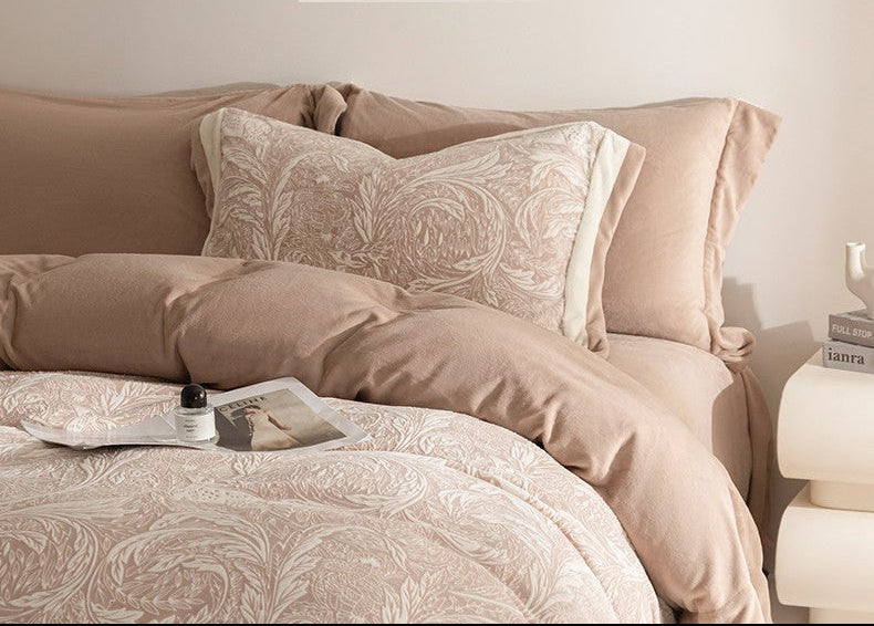 Bedding set with 'Vienna-Khakhi' color scheme on a bed with a lamp and magazine.