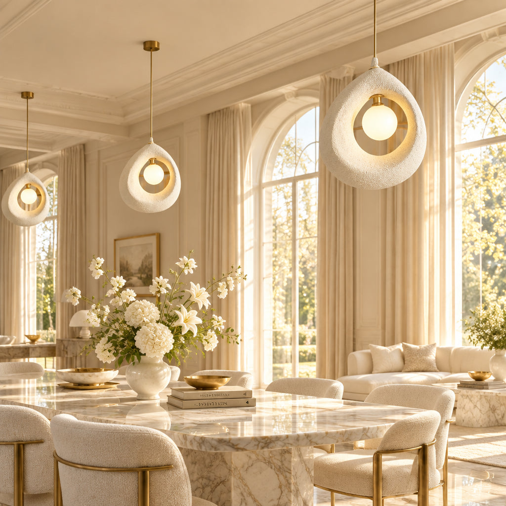 Modern interior design with hanging pendant lights in a living room setting.