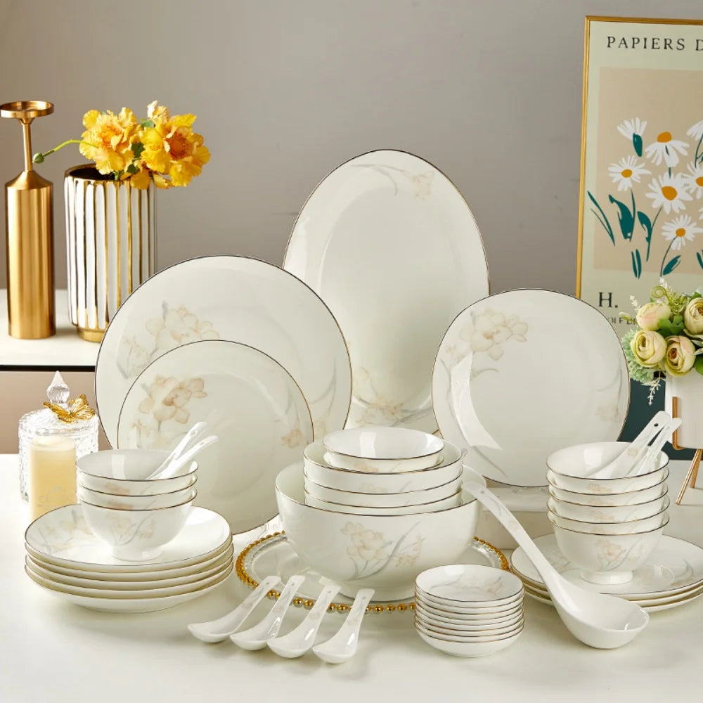 Bone Porcelain Tableware Sets Simple Flower Pattern Bowl And Plate Suitable For Family Gatherings And Party Kitchen Supplies - Julia M LifeStyles
