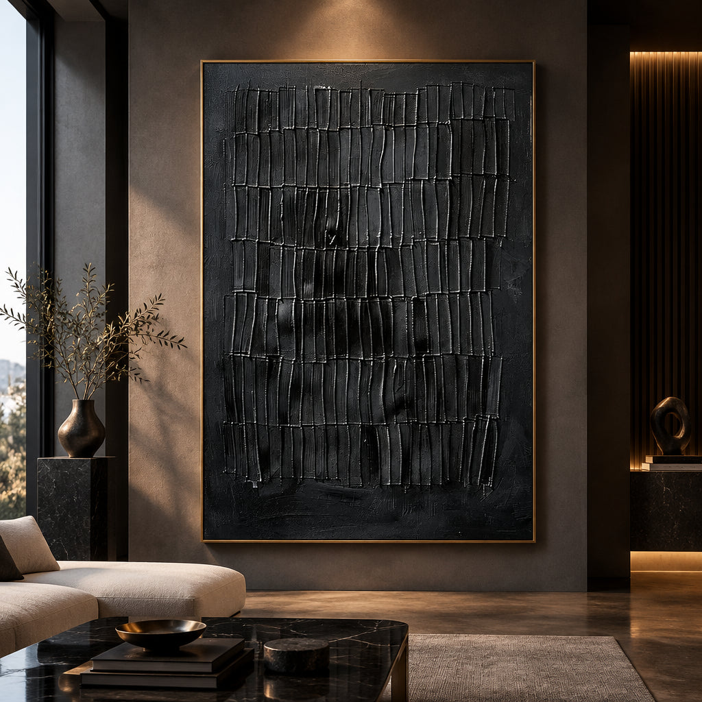 Obsidian Relief Canvas | Handmade Black Impasto Abstract Wall Art