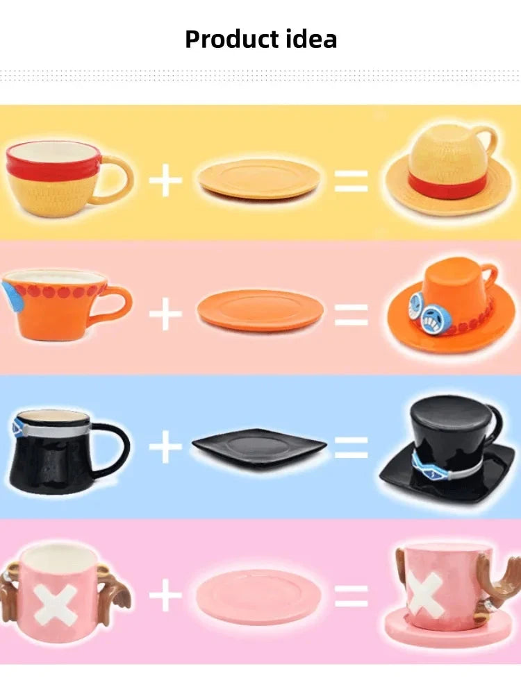 Anime Coffee Mug with Saucer Creative Luffy Ace Sabo Three Brothers Hat Shaped Ceramic Coffee Cup Child's Birthday Gift Cup Julia M LifeStyles