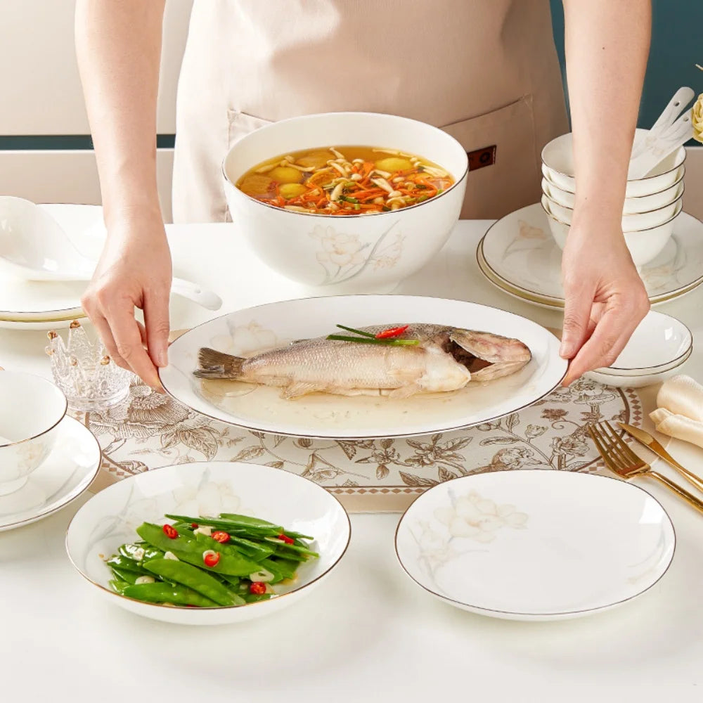 Bone Porcelain Tableware Sets Simple Flower Pattern Bowl And Plate Suitable For Family Gatherings And Party Kitchen Supplies - Julia M LifeStyles