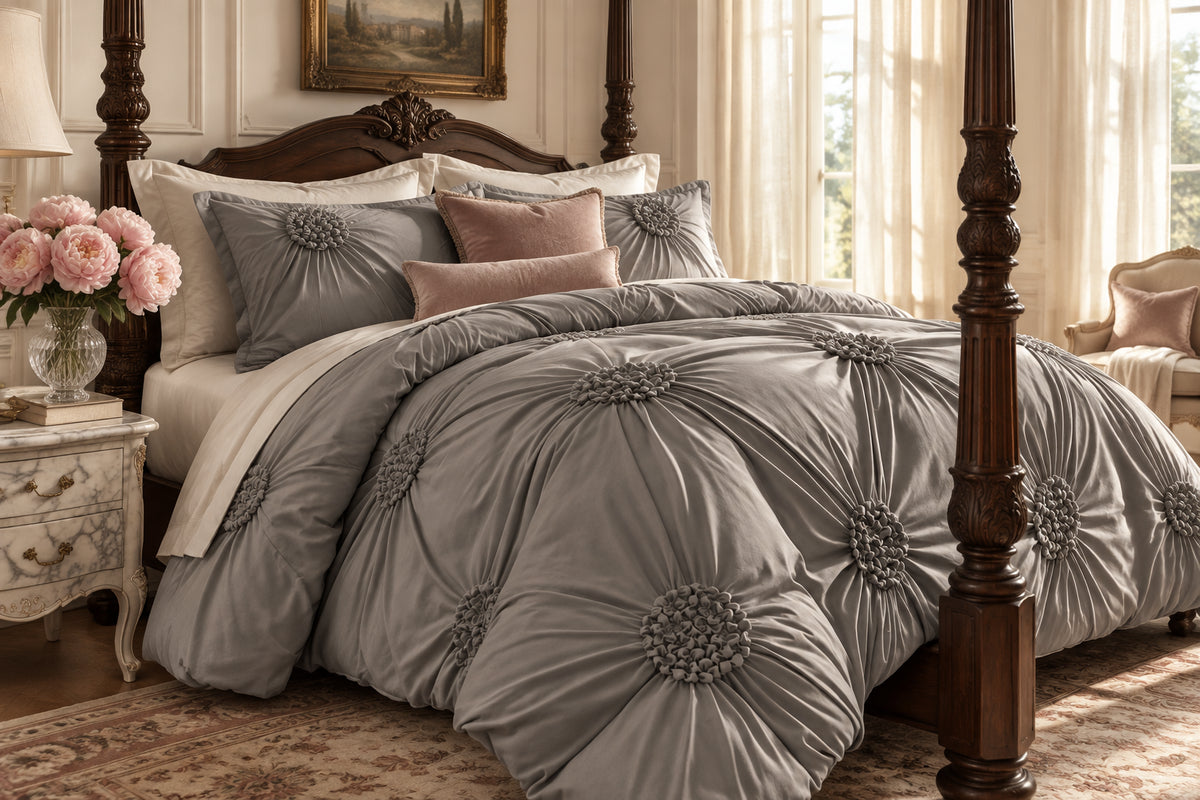 A gray bedding set with a comforter and matching pillow shams, styled in a bright bedroom setting with plants, a window, and a wooden chair.