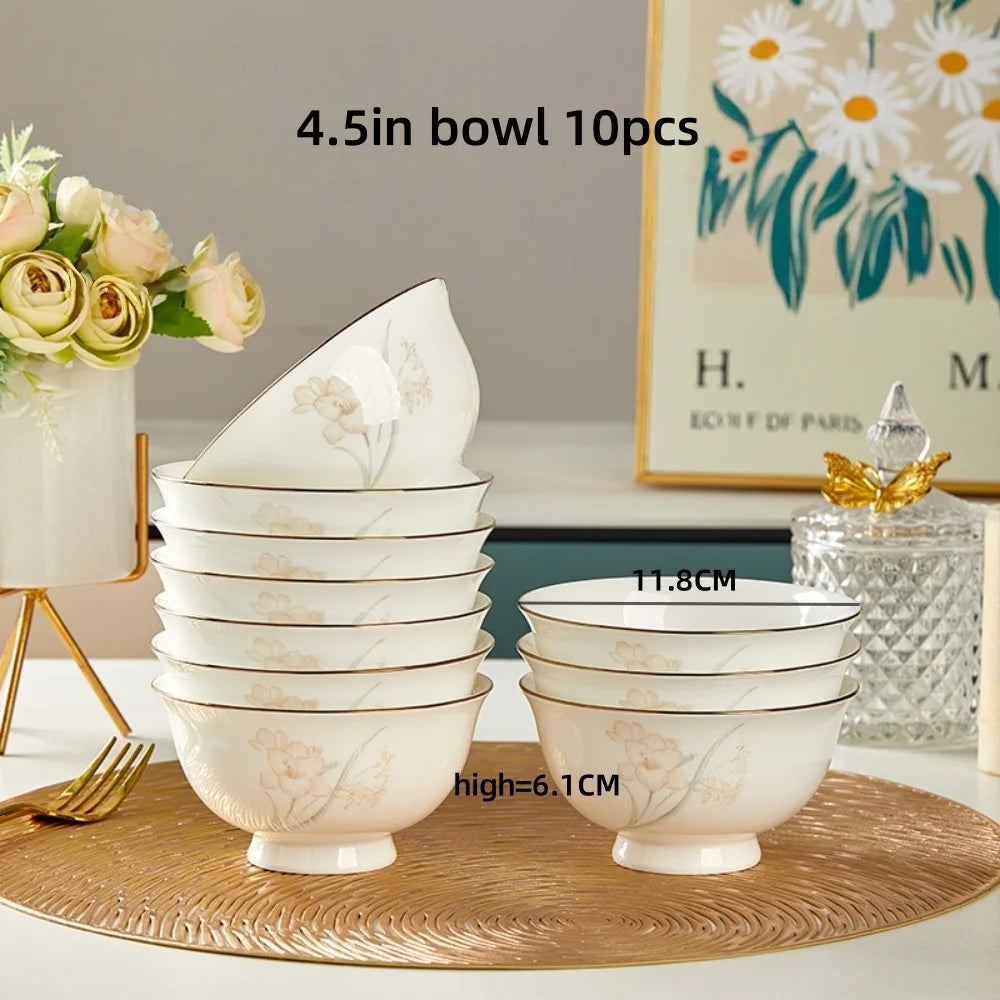 Bone Porcelain Tableware Sets Simple Flower Pattern Bowl And Plate Suitable For Family Gatherings And Party Kitchen Supplies - Julia M LifeStyles