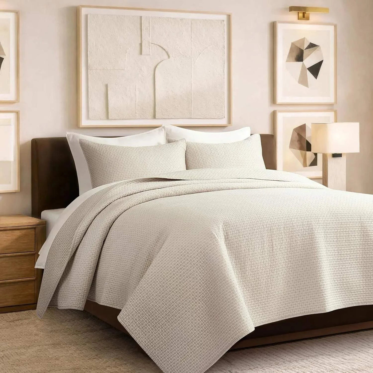 Cotton Sateen Pick-Stitch Quilt Set Queen Size – 100% Cotton Lightweight Coverlet, All-Season Quilt with 2 Shams, Parchment