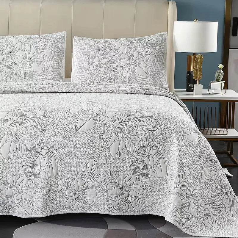 Embroidered Cotton Quilt Set 3PCS King Queen Bedspread with 2 Pillow Shams Summer Lightweight Double Blanket Breathable Coverlet