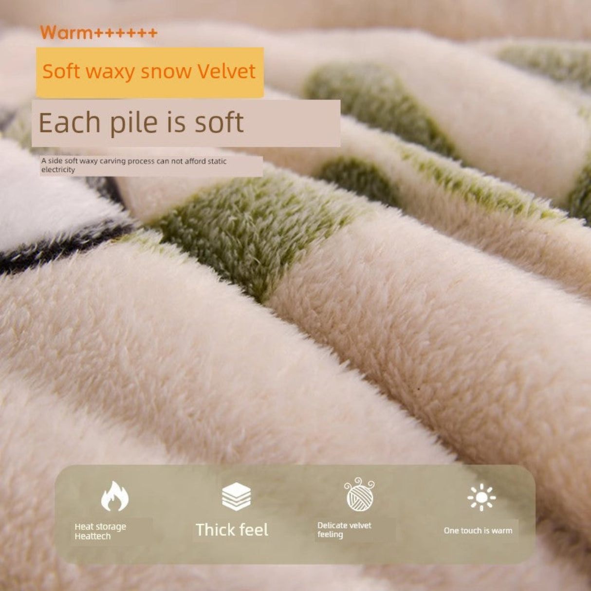 Close-up of soft waxy snow velvet fabric with text describing its properties.