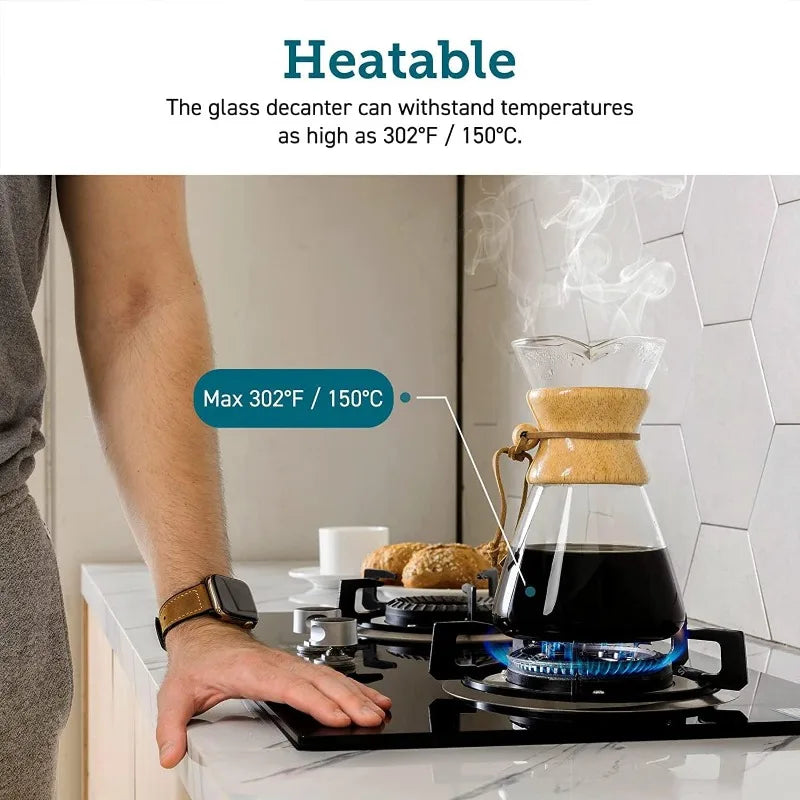 Glass decanter on a stove with text indicating it can withstand high temperatures.