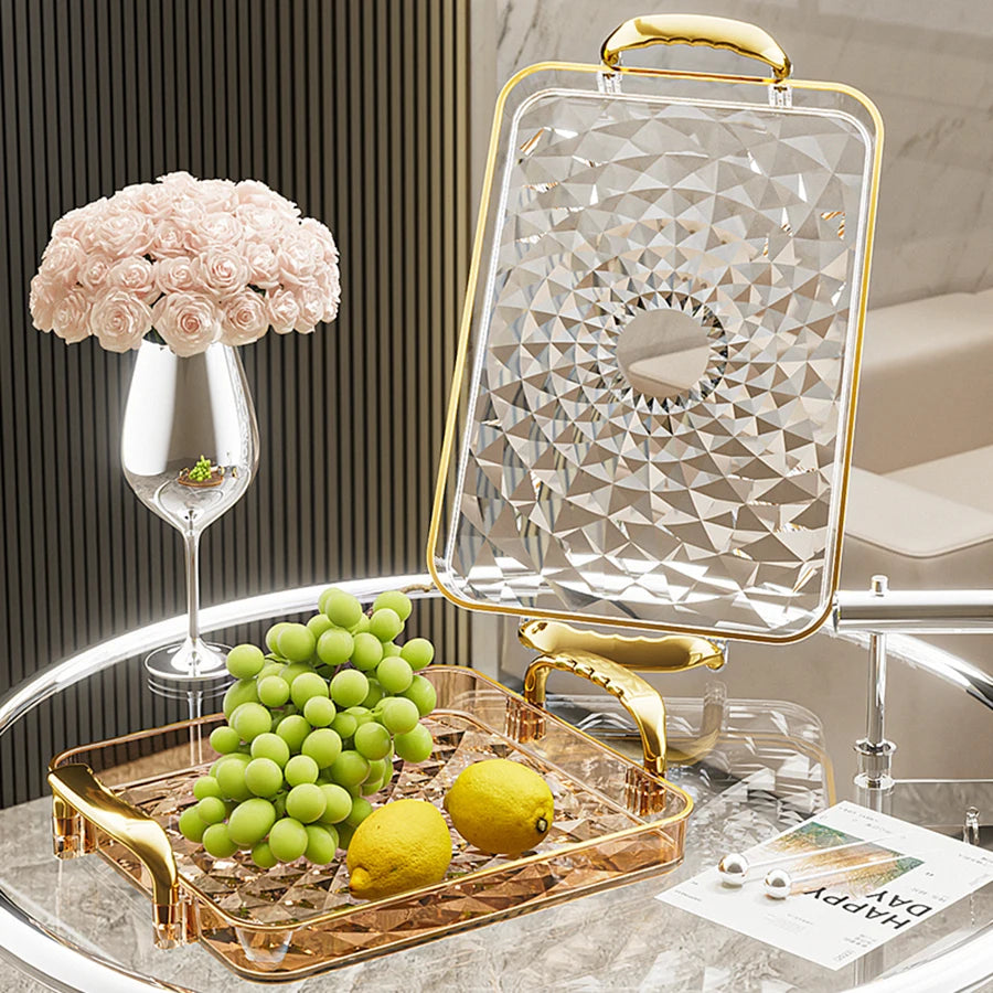 WORTHBUY Light Luxury Clear Serving Tray Plastic Fruit Dessert Tray With Handle Home Decorative Storage Tray Kitchen Organizer