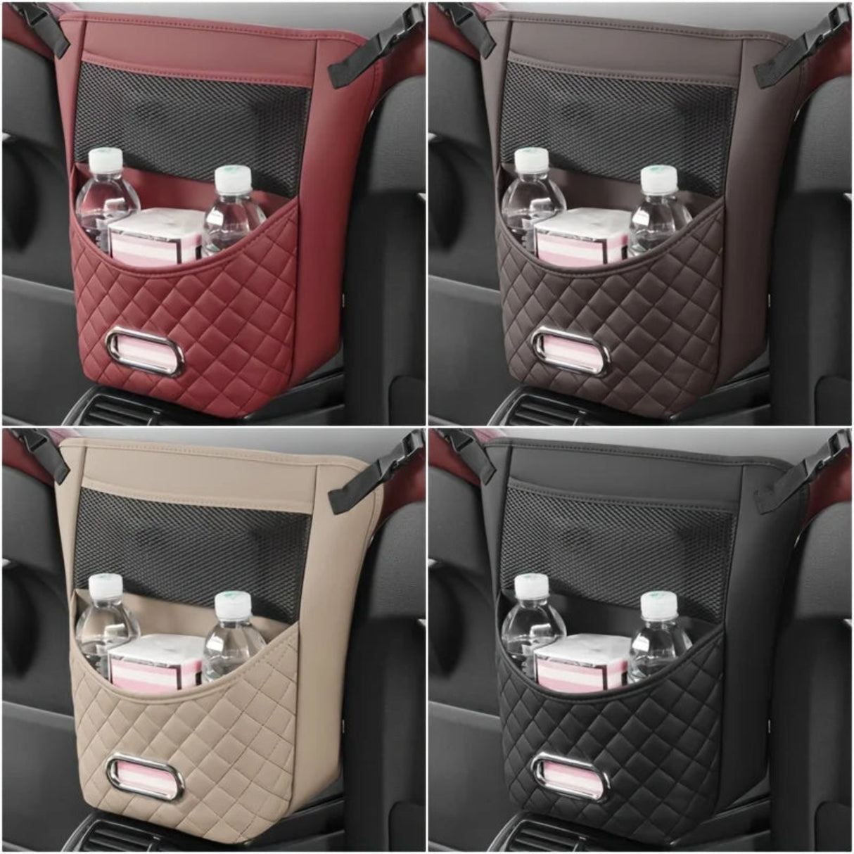 Car seat organizer in four different colors: red, brown, beige, and black.