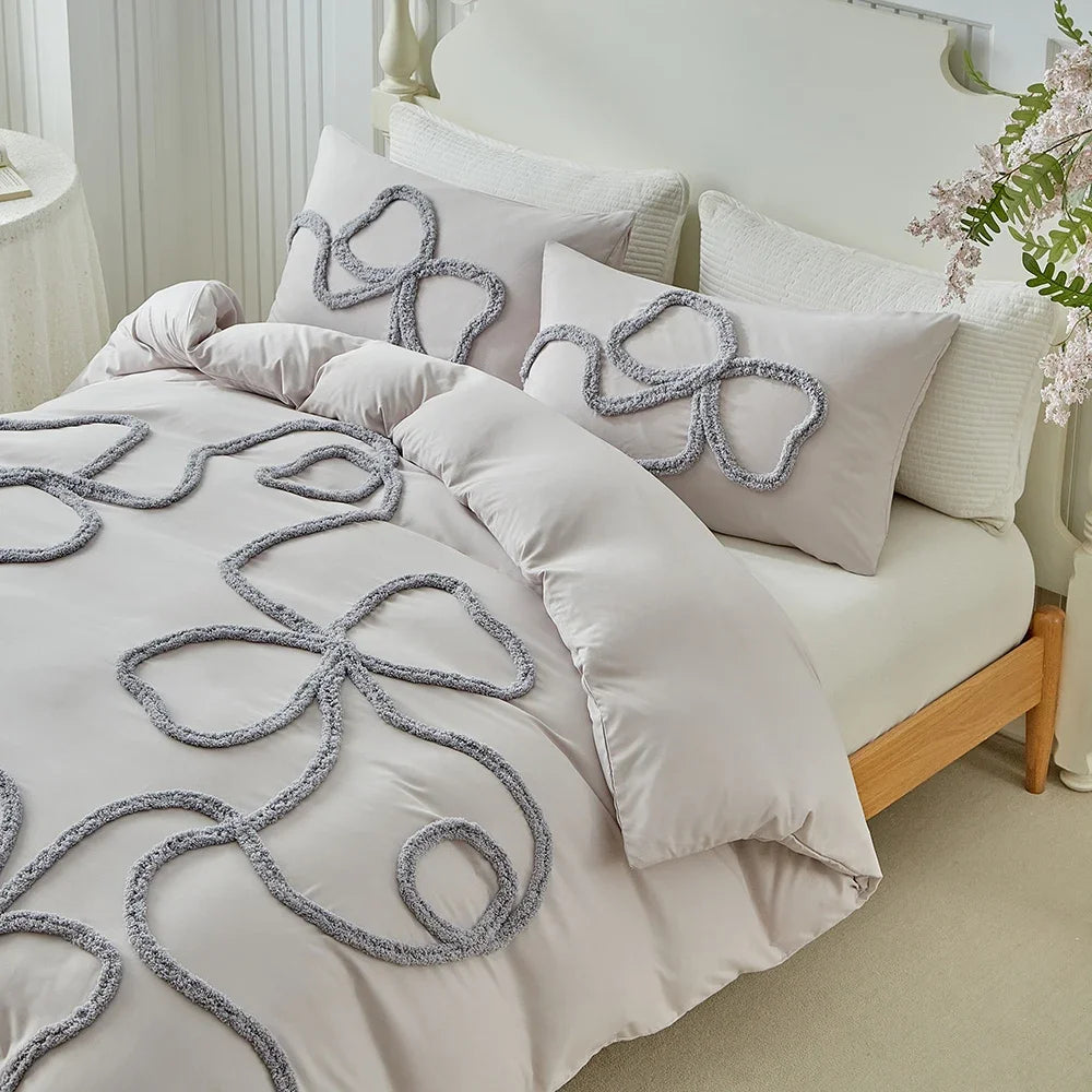 New Bow-knot Tufted Cut Flower Quilt Cover Set Queen Tufting Duvet Cover and Pillowcase Comfortable Skin-Friendly Blanket Covers