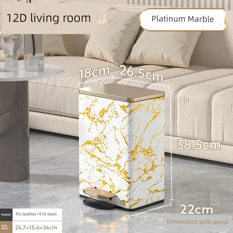Marble-patterned side table with dimensions in a living room setting