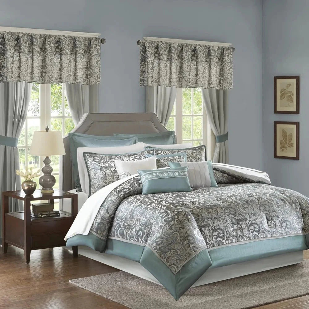 24 Piece Faux Silk Paisley Queen Comforter Set with Matching Curtains, Down Alternative Hypoallergenic - Teal Julia M LifeStyles