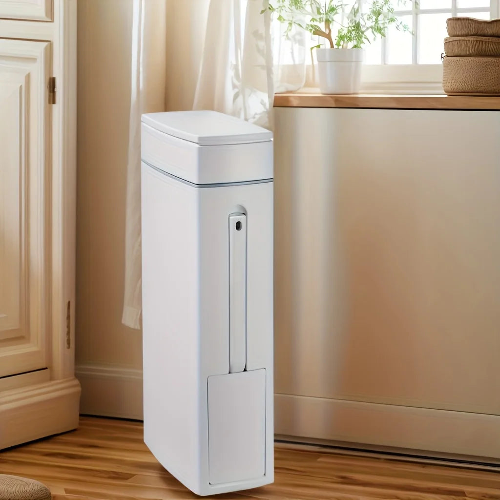 Space Saving Press Trash Can with Built In Toilet Brush Holder Durable Plastic Modern Minimalist Design for Small Bathroom Julia M Home & Kitchen