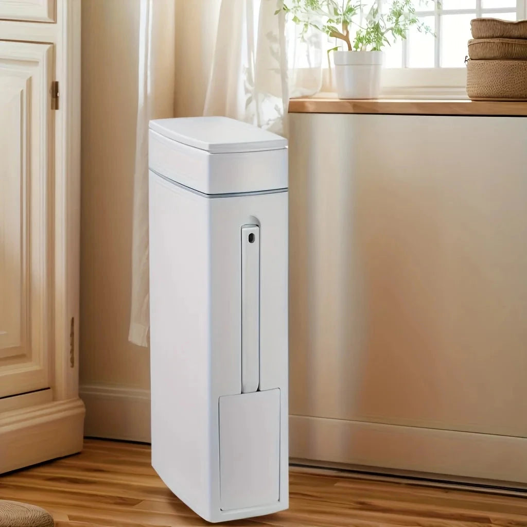 Space Saving Press Trash Can with Built In Toilet Brush Holder Durable Plastic Modern Minimalist Design for Small Bathroom Julia M Home & Kitchen
