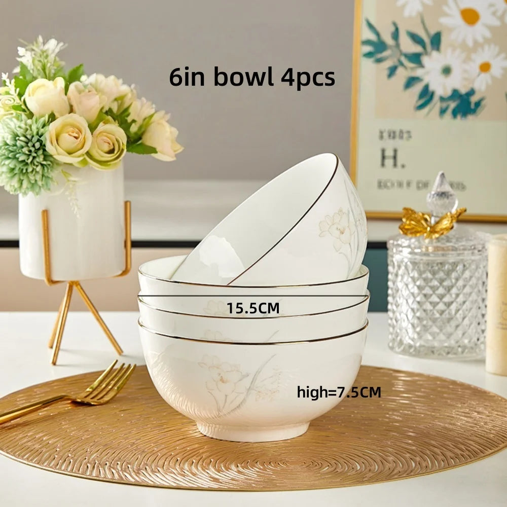 Bone Porcelain Tableware Sets Simple Flower Pattern Bowl And Plate Suitable For Family Gatherings And Party Kitchen Supplies - Julia M LifeStyles