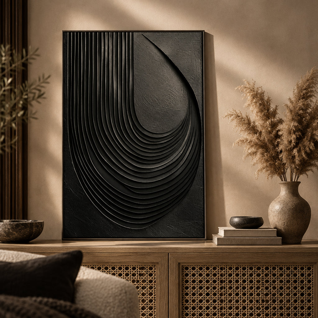 Obsidian Relief Canvas | Handmade Black Impasto Abstract Wall Art