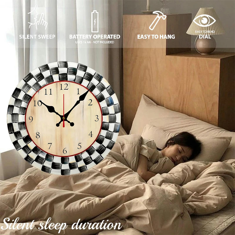 Elegant Black And White Grid Wooden Round Silent Wall Clock