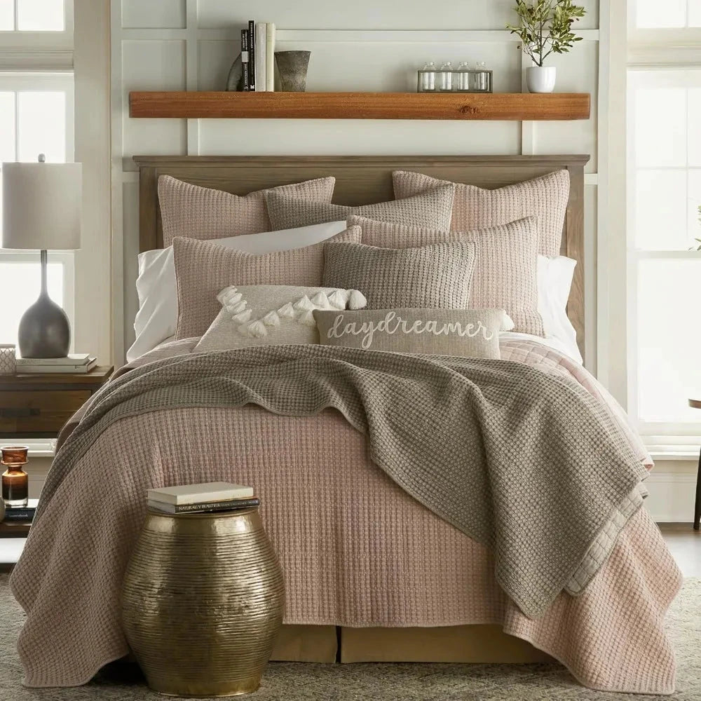 Elegant Taupe Cotton Waffle Quilt Set with Pillow Shams for Full/Queen Bed Julia M LifeStyles