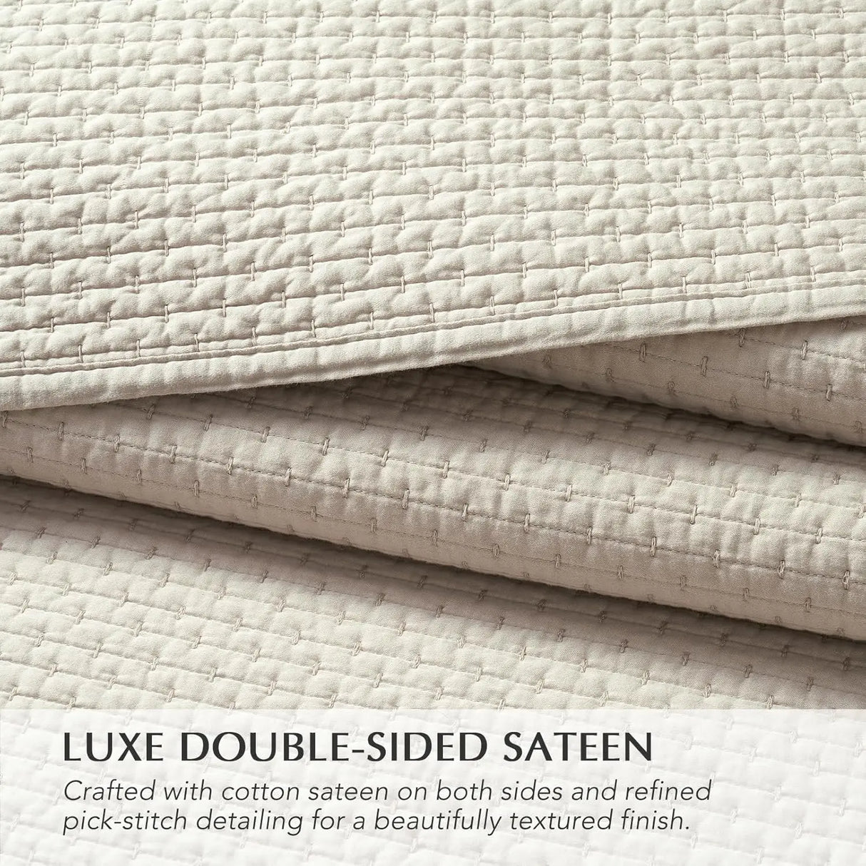 Cotton Sateen Pick-Stitch Quilt Set Queen Size – 100% Cotton Lightweight Coverlet, All-Season Quilt with 2 Shams, Parchment
