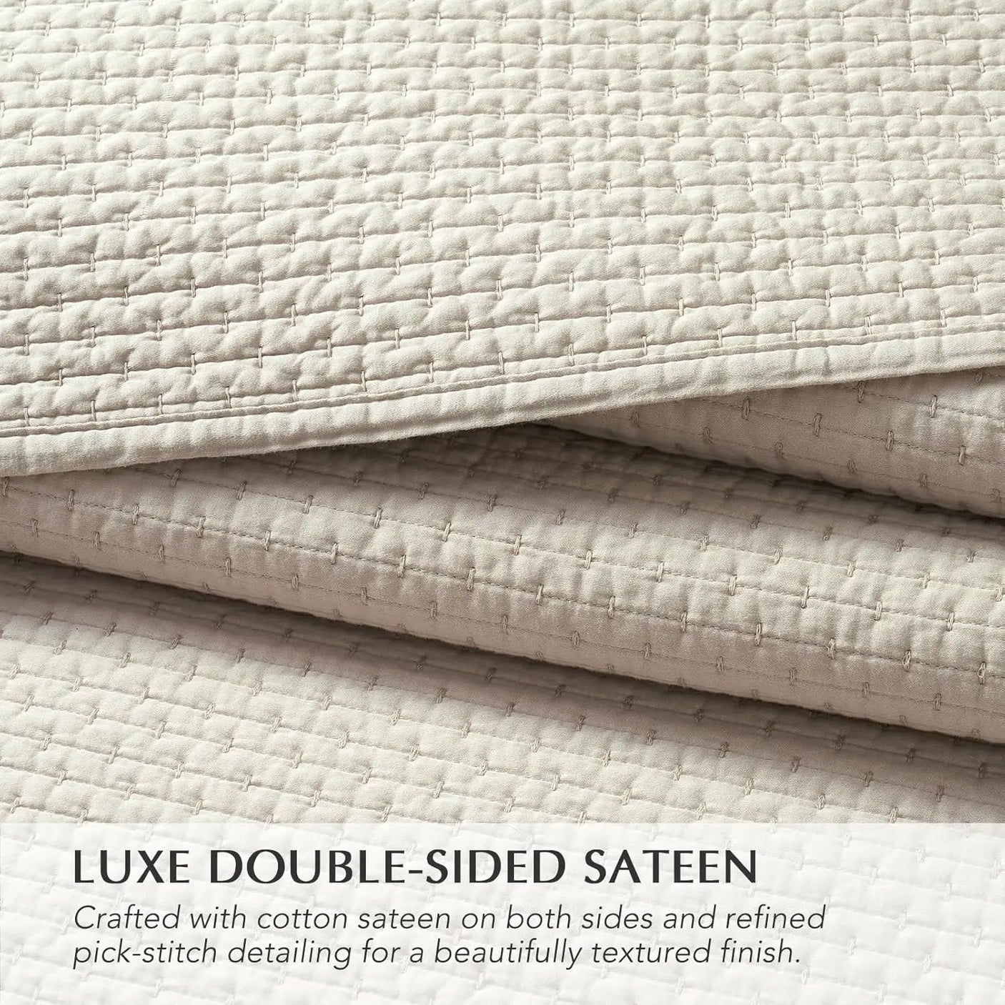 Cotton Sateen Pick-Stitch Quilt Set Queen Size – 100% Cotton Lightweight Coverlet, All-Season Quilt with 2 Shams, Parchment