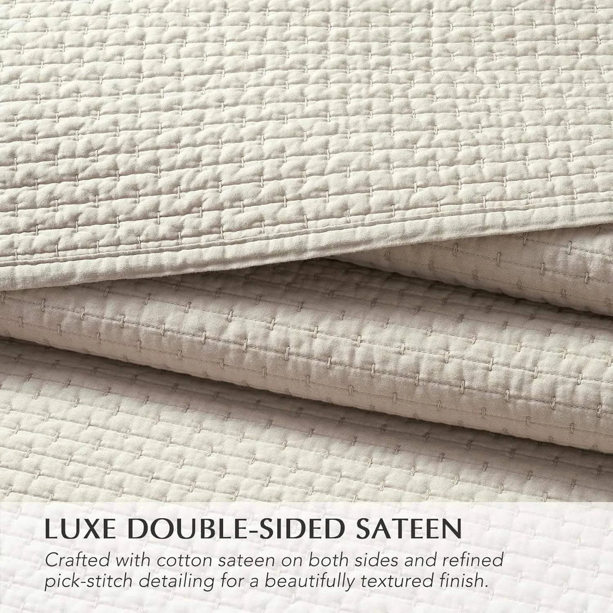 Cotton Sateen Pick-Stitch Quilt Set Queen Size – 100% Cotton Lightweight Coverlet, All-Season Quilt with 2 Shams, Parchment
