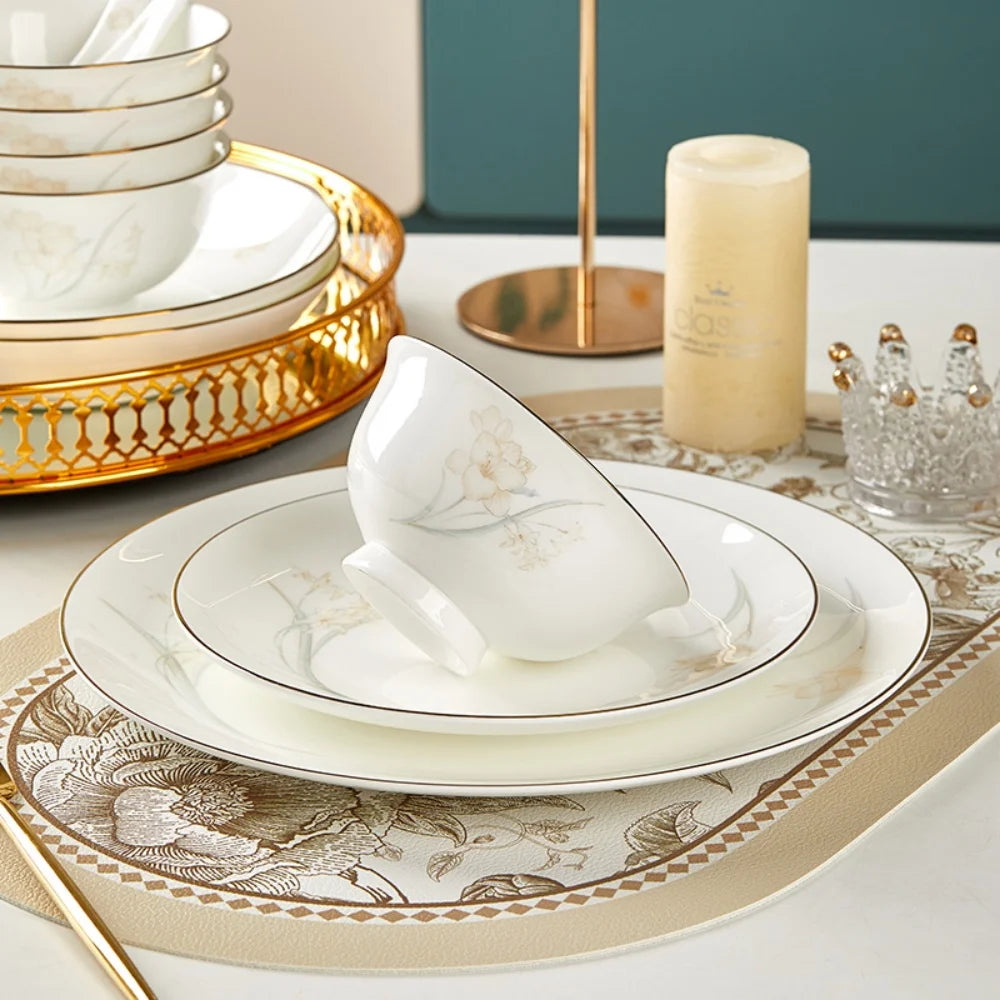 Bone Porcelain Tableware Sets Simple Flower Pattern Bowl And Plate Suitable For Family Gatherings And Party Kitchen Supplies - Julia M LifeStyles
