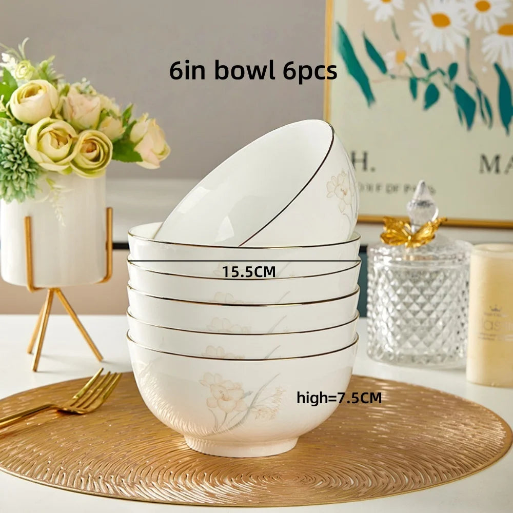 Bone Porcelain Tableware Sets Simple Flower Pattern Bowl And Plate Suitable For Family Gatherings And Party Kitchen Supplies - Julia M LifeStyles