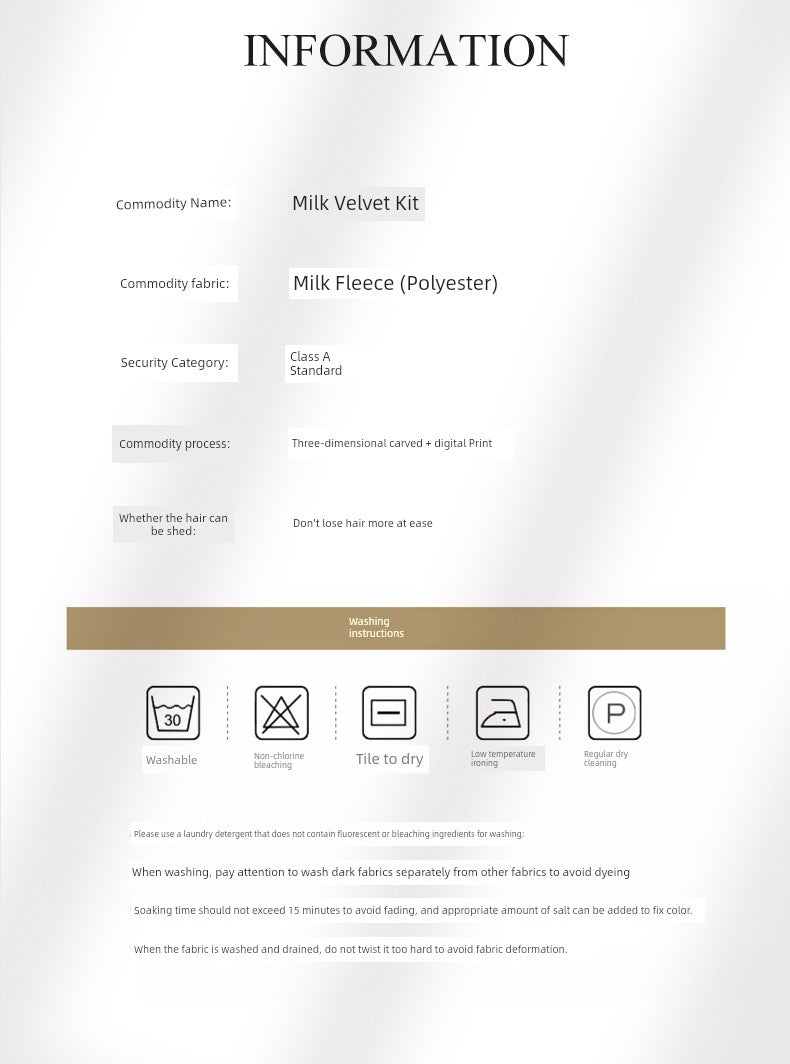 Product information sheet for a Milk Velvet Kit with fabric details and care instructions.