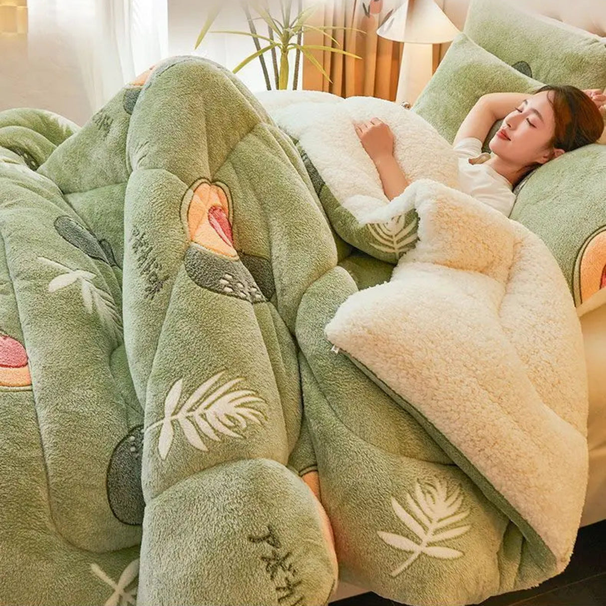 Person wrapped in a green fleece blanket with leaf patterns in a cozy room.