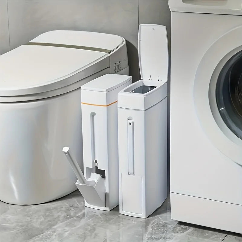 Space Saving Press Trash Can with Built In Toilet Brush Holder Durable Plastic Modern Minimalist Design for Small Bathroom Julia M Home & Kitchen