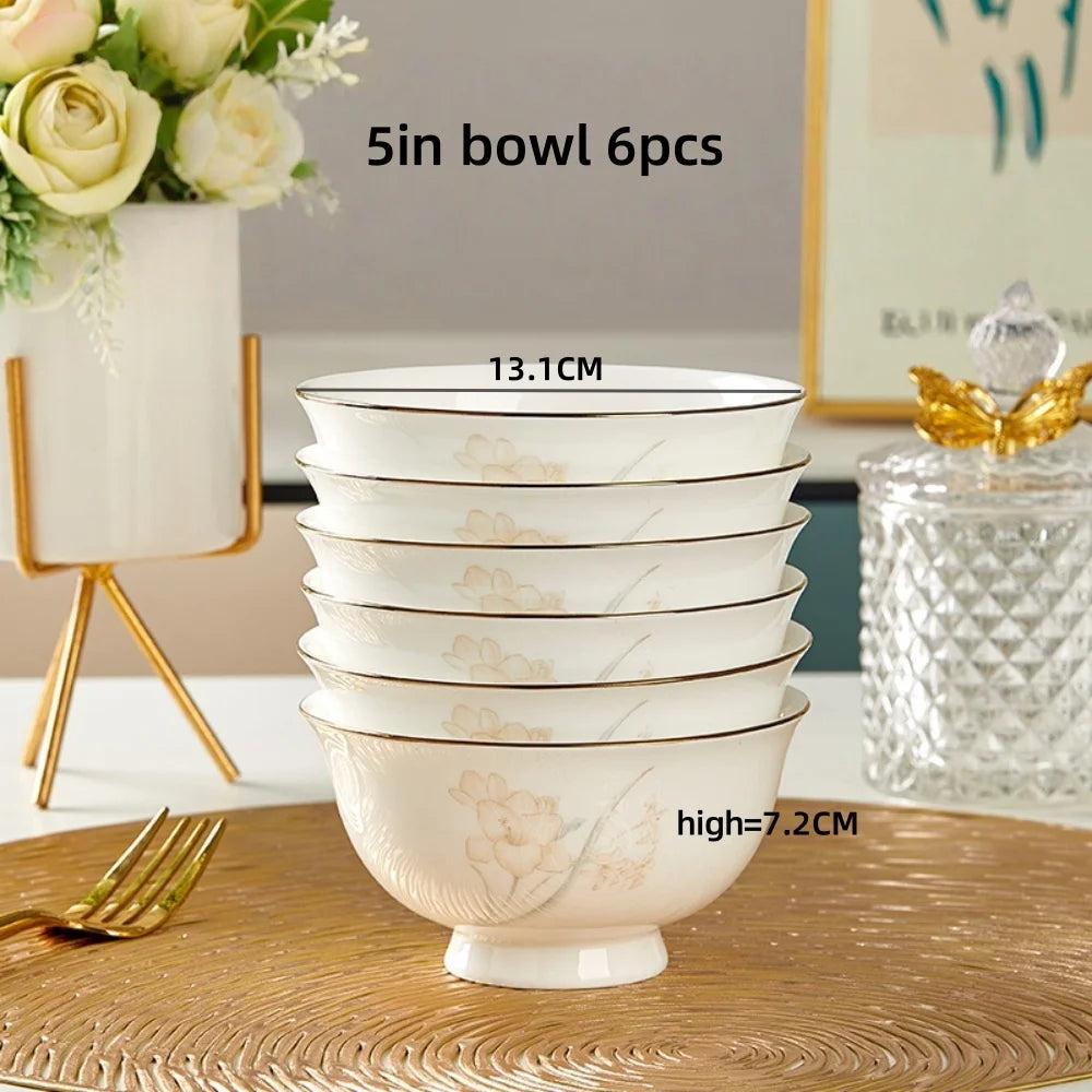 Bone Porcelain Tableware Sets Simple Flower Pattern Bowl And Plate Suitable For Family Gatherings And Party Kitchen Supplies - Julia M LifeStyles