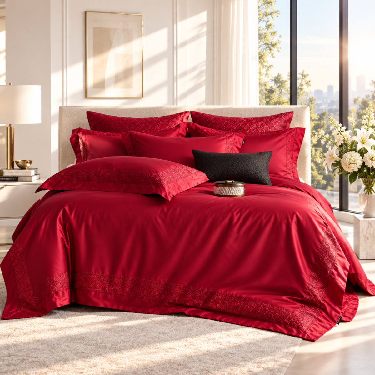 Red Cotton Jacquard Bedding Set with Duvet Cover, 4-Piece