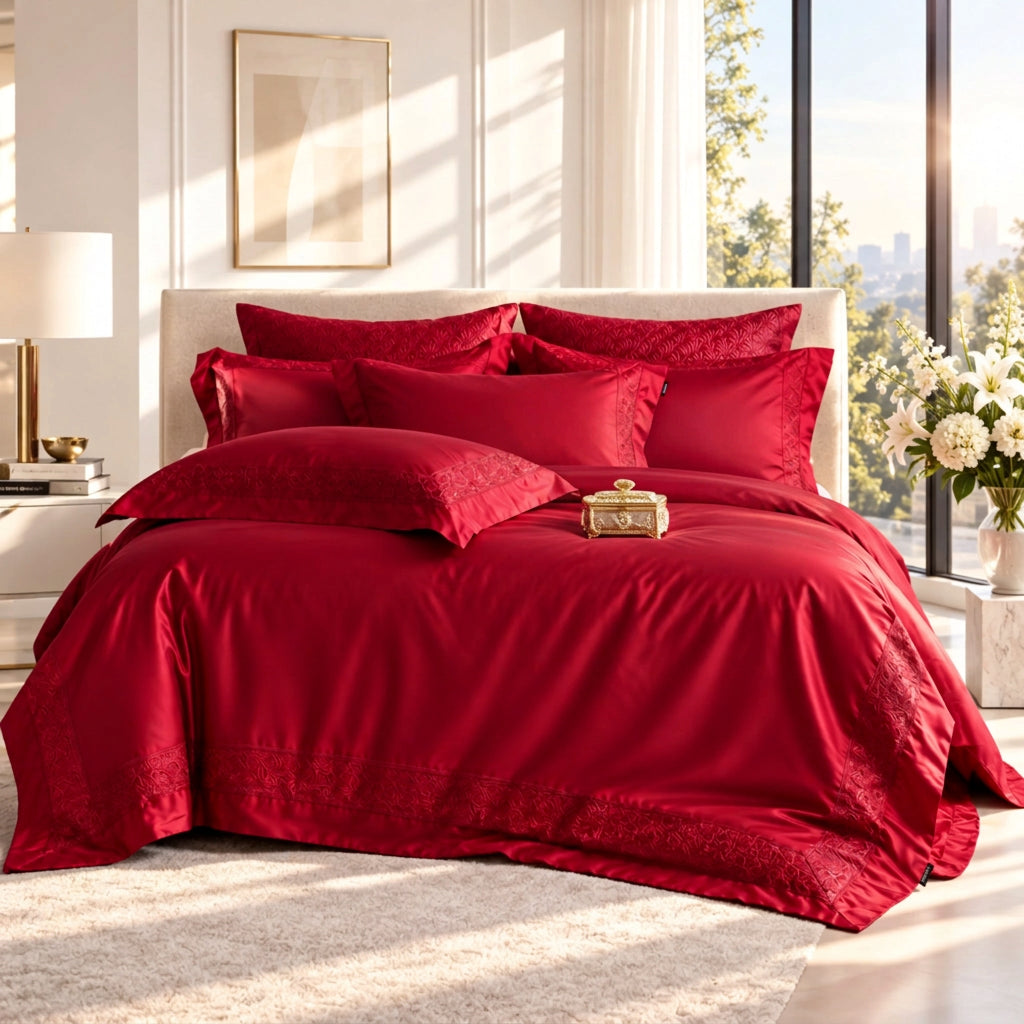 Red Cotton Jacquard Bedding Set with Duvet Cover, 4-Piece